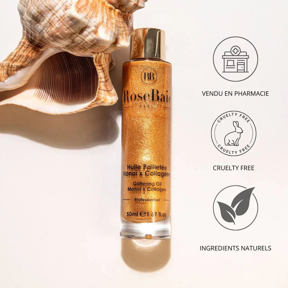 Huile Pailletée Monoï & Collagène Rosebaie – Hydratation Intense & Éclat Subtil